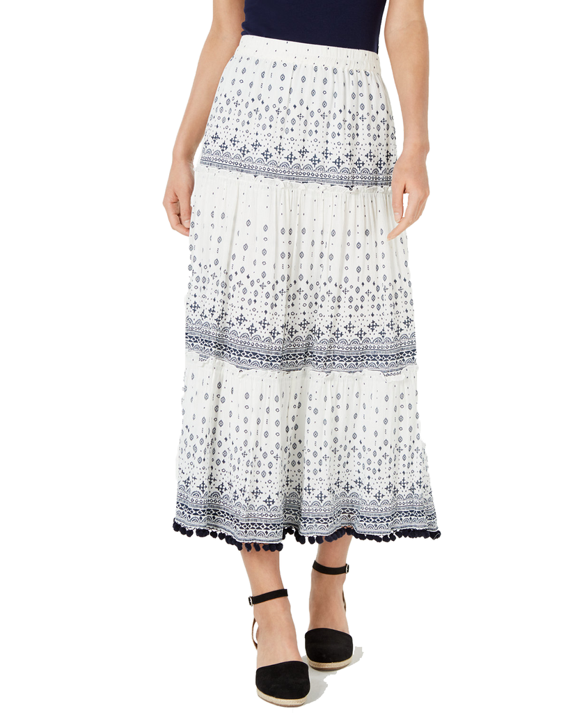 Style & Co Women Printed Pom Pom Maxi Skirt Coastline Tribal