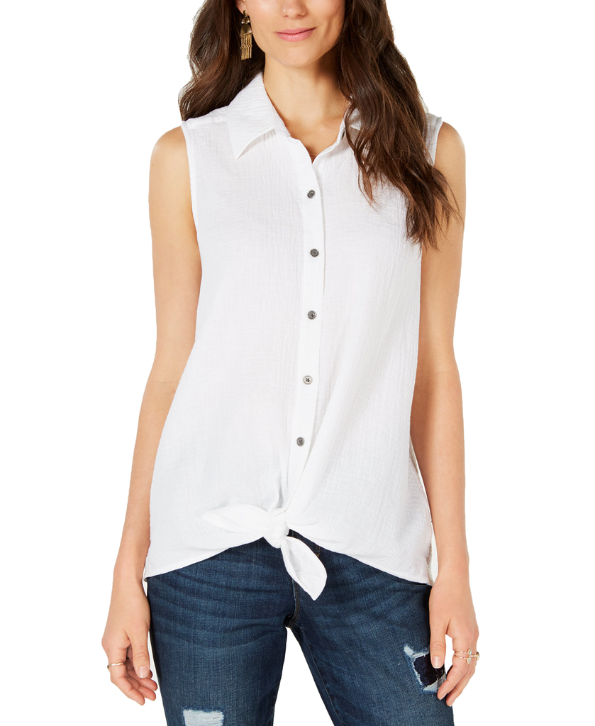 Style & Co Petite Tie Front Button Up Top Bright White