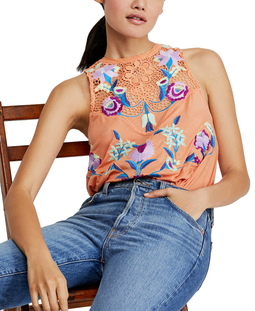 Free People Women Flower Power Embroidered Tank Top Coral Combo