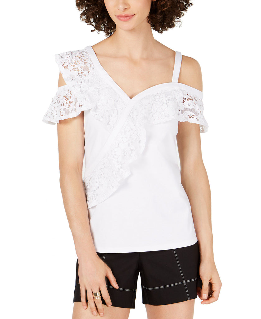 INC International Concepts Women Lace Ruffle Cold Shoulder Top Bright White