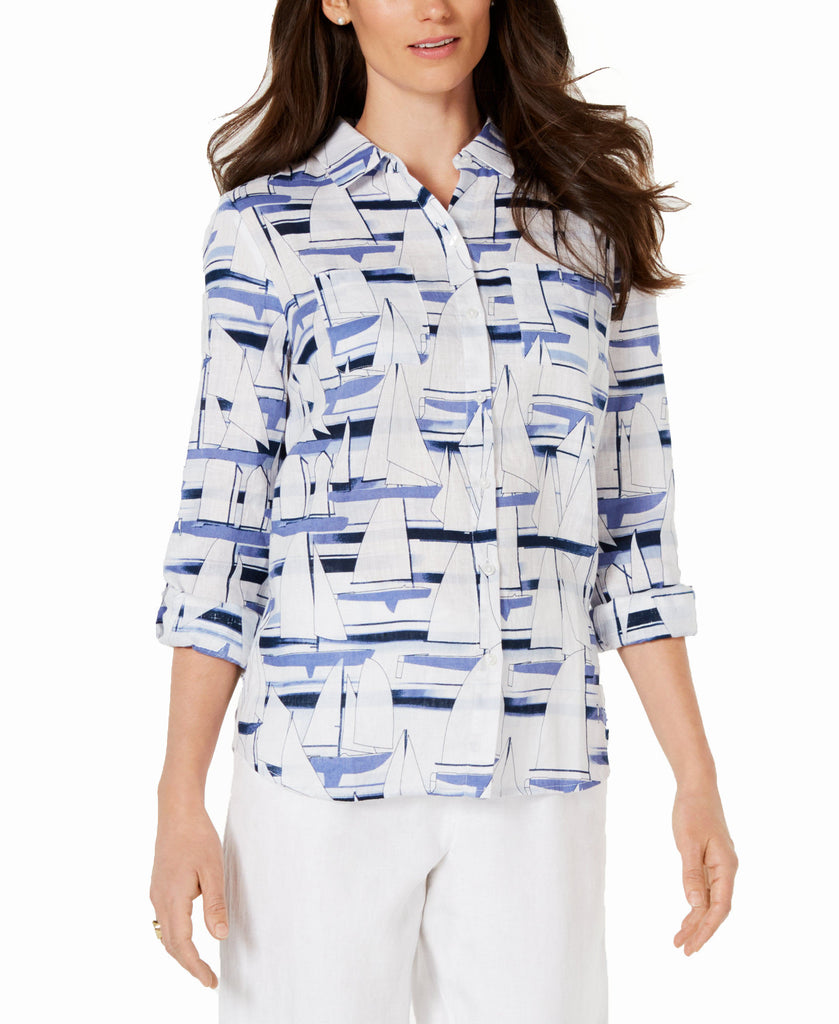 Charter Club Women Sailboat Print Shirt Bright White Combo