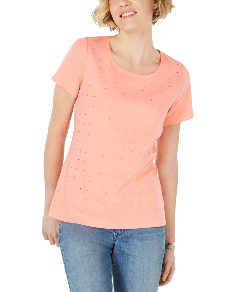 Karen Scott Petite Cotton Star Stud Top Peony Coral