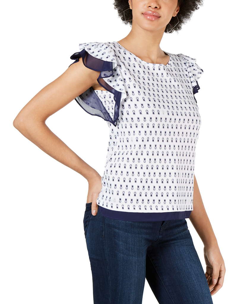 Maison Jules Women Printed Flutter Sleeve Top Bright White Combo