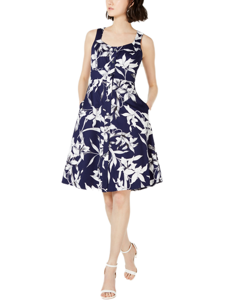 Taylor Women Button Front Fit & Flare Dress Navy Ivory