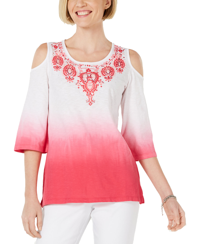 JM Collection Women Petite Cotton Embroidered Ombre Cold Shoulder Top Pink Twist