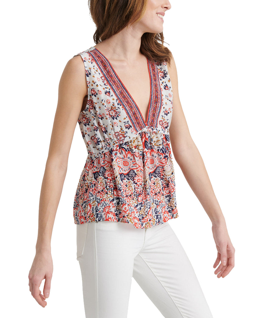 Lucky Brand Women Embellished Sleeveless Romantic Top Natural Multi