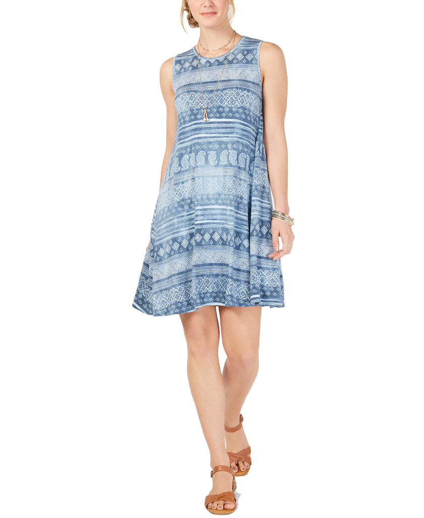 Style & Co Women Printed Sleeveless Swing Dress Indigo Fields