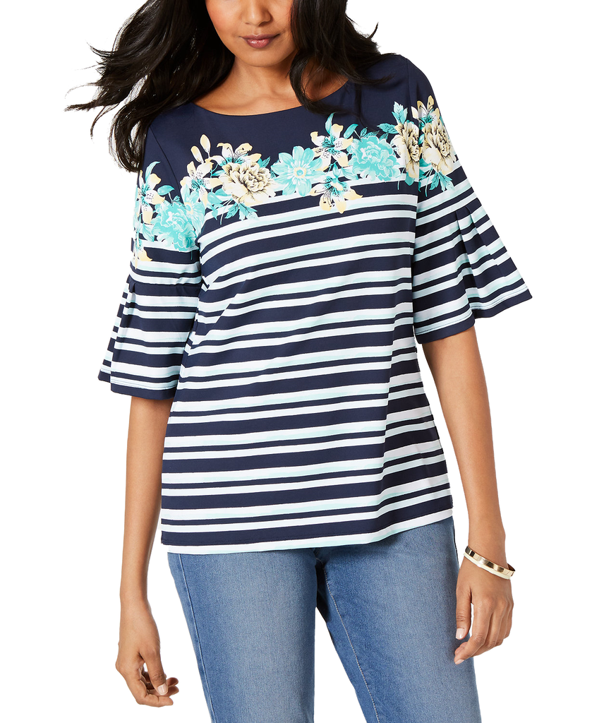 Charter Club Women Tropical Stripe Bell Sleeve Top Intrepid Blue Combo