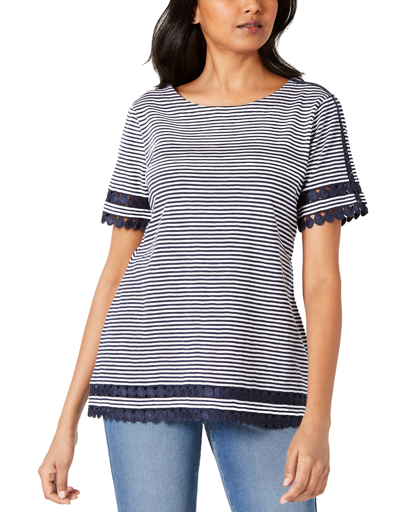 Charter Club Women Petite Cotton Circle Trim Top Intrepid Blue Combo