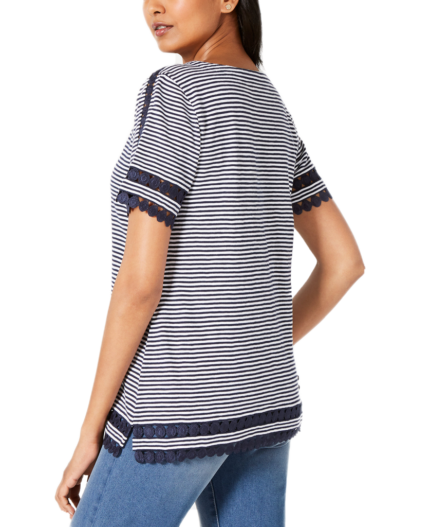 Charter Club Women Cotton Lace Trim Striped Top