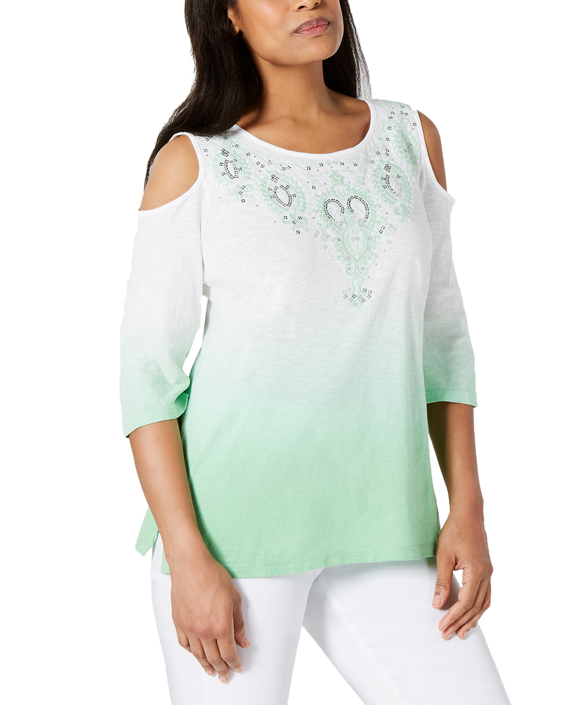 JM Collection Women Cotton Ombré Cold Shoulder Top Mint Creme