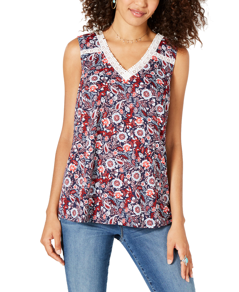 Style & Co Women Floral Print Lace Trim Top Folkloric Red