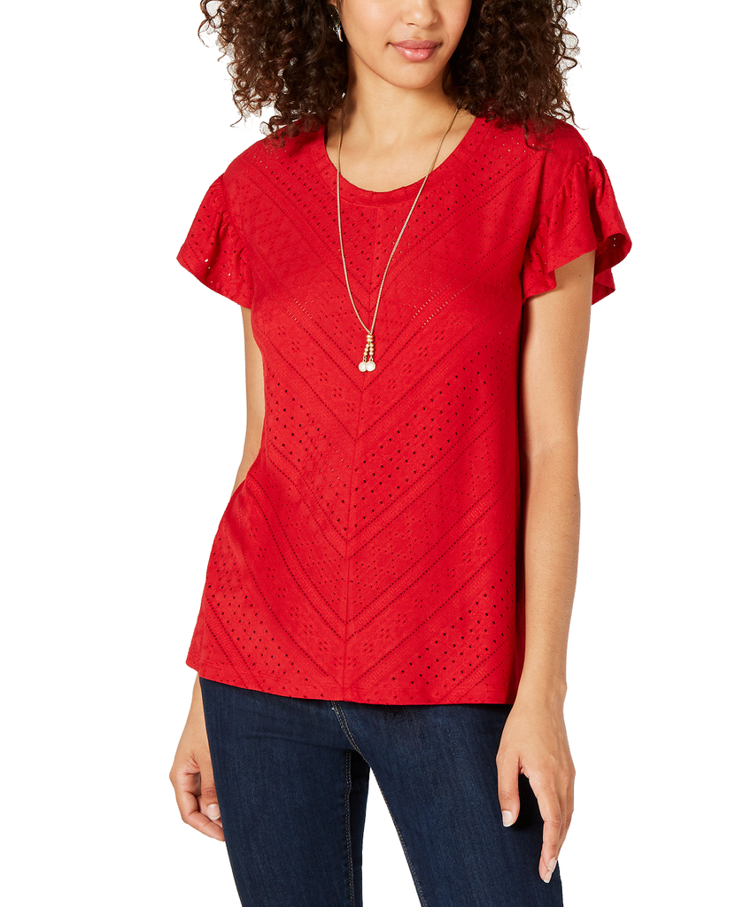 Style & Co Women Eyelet Detail Flutter Sleeve Top Red