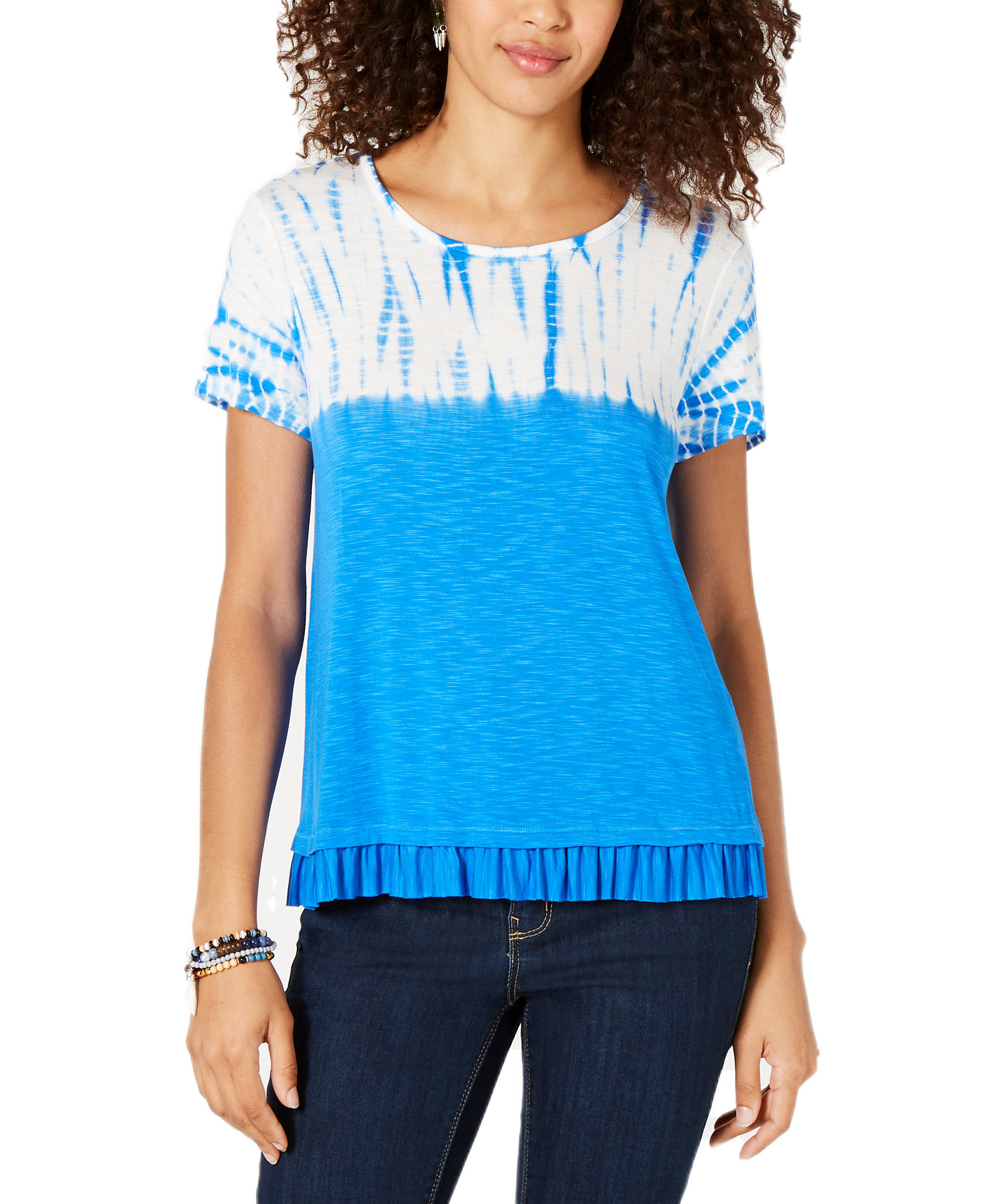 Style & Co Women Petite Tie Dye & Ruffle Hem T Shirt Blue Bamboo Dye