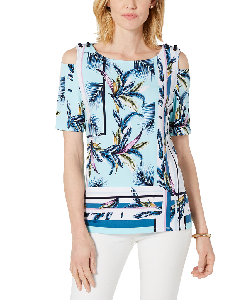 JM Collection Women Cold Shoulder Grommet Top Havana Tropics