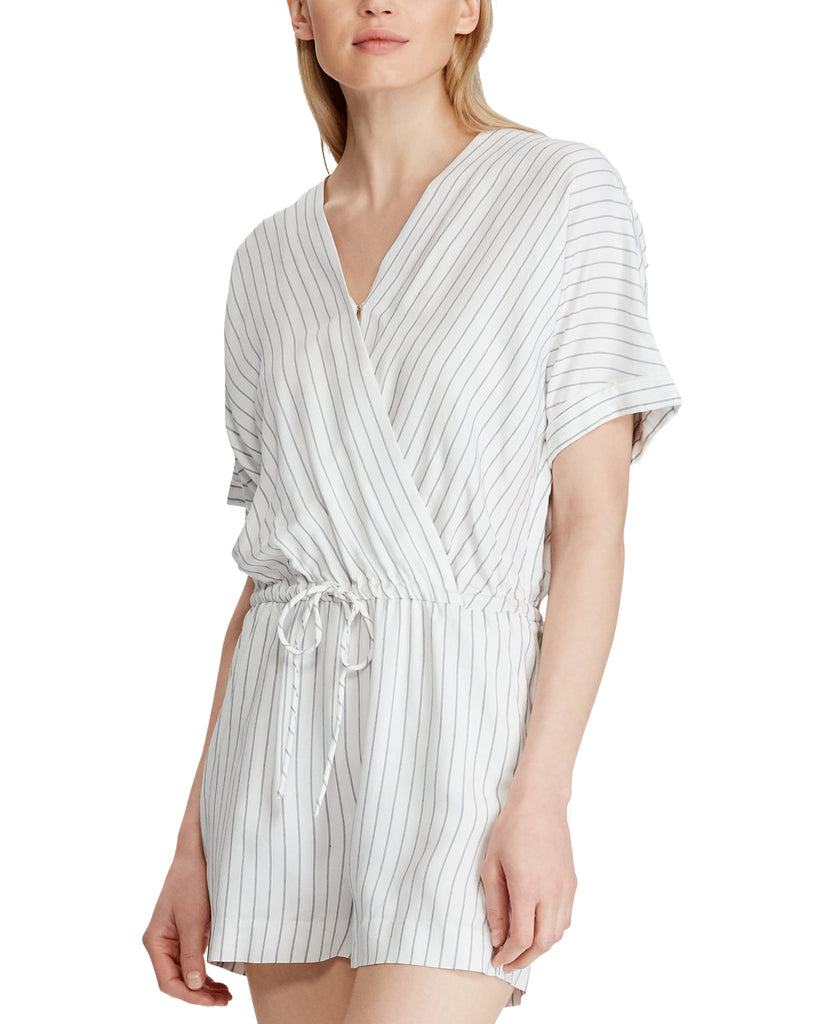 LAUREN Ralph Lauren Women Striped Surplice Romper White Blue