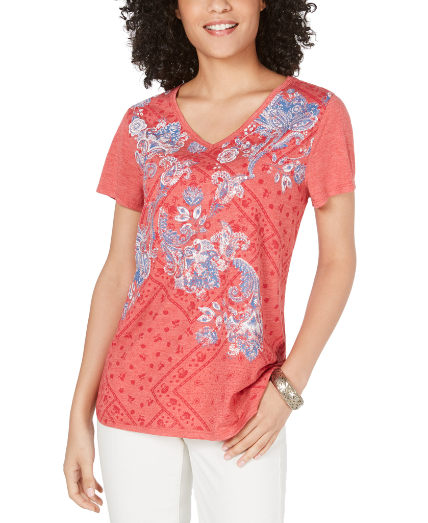 Style & Co Women Graphic V Neck Top Bandana Fields