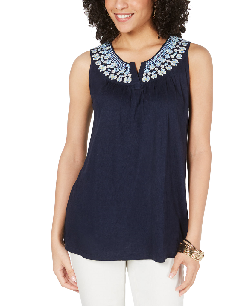 Style & Co Women Embroidered Split Neck Top Liberty Jewels Navy