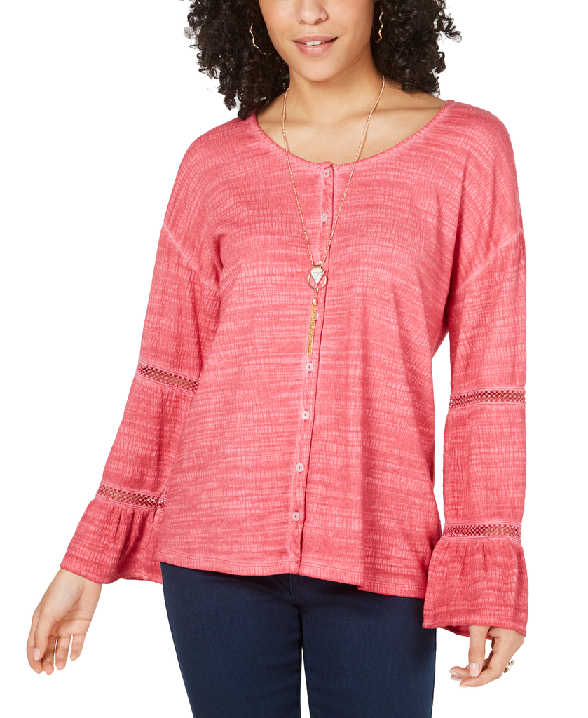 Style & Co Women Petite Tiered Sleeve Peasant Top Real Red