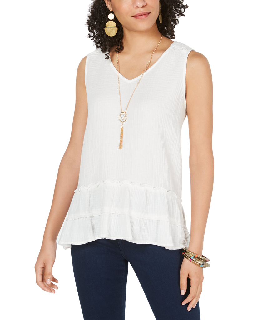 Style & Co Cotton Tiered Ruffle Hem Top Bright White