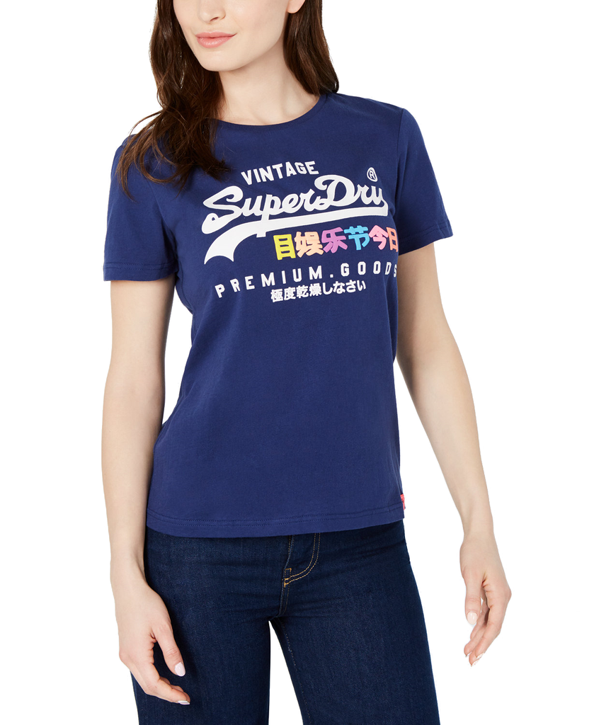 Superdry Women Cotton Premium Goods Graphic T Shirt Super Marine