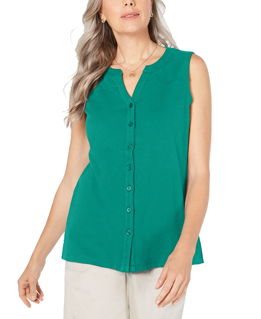 Karen Scott Cotton Sleeveless Button Up Top Classic Teal