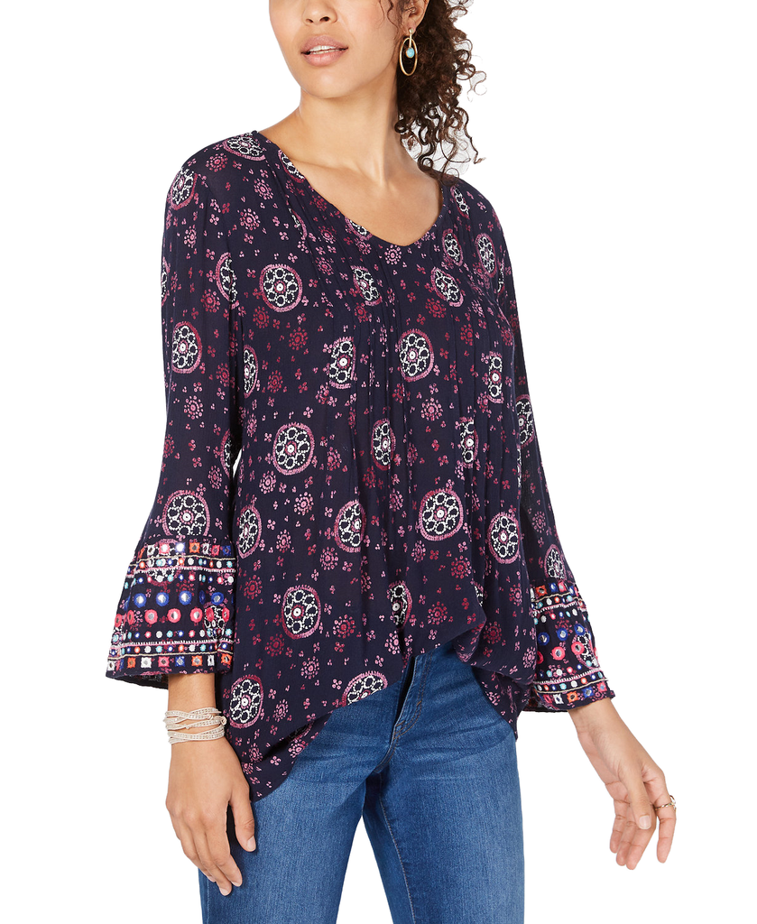 Style & Co Women Printed Pintucked Bell Sleeve Top Geo Renewal