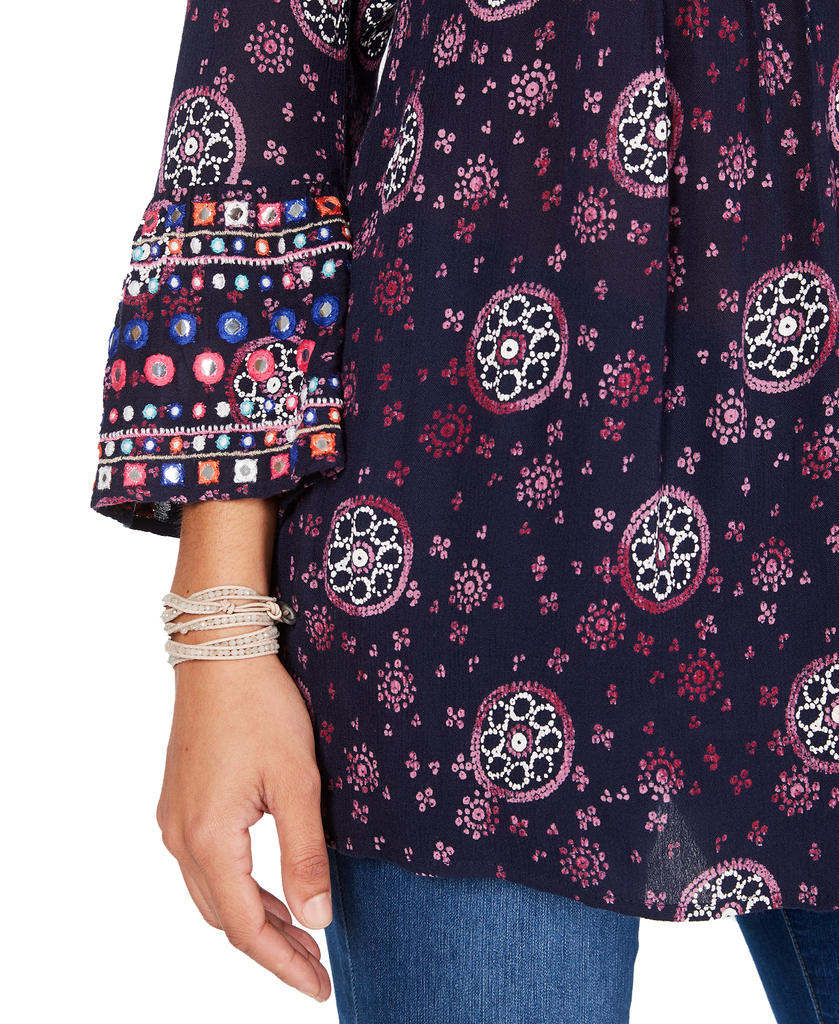 Style & Co Women Printed Pintucked Bell Sleeve Top