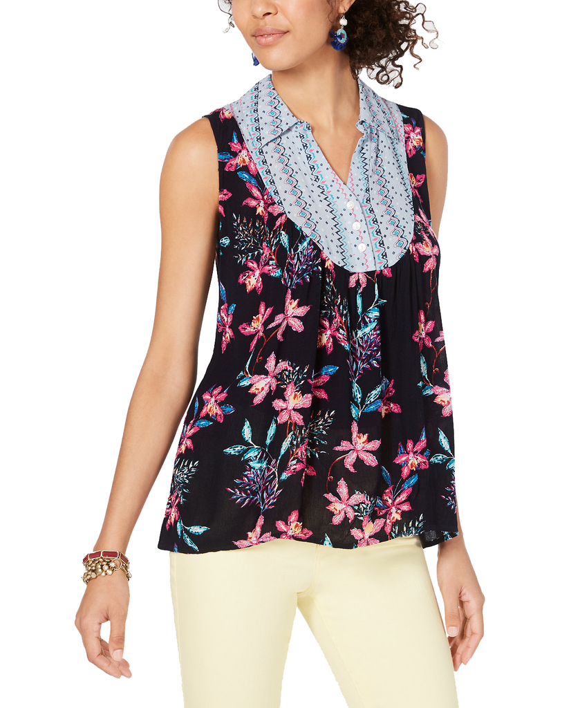 Style & Co Women Mixed Media Collared Top Hibiscus Mix