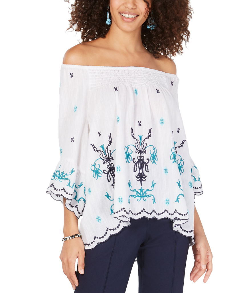 Style & Co Women Cotton Embroidered Convertible On Off The Shoulder Top Ornate Haven