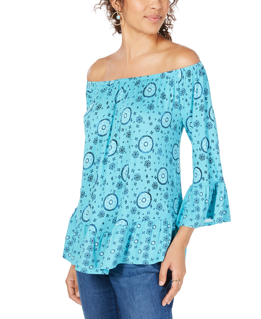 Style & Co Women Printed Off The Shoulder Top Carnival Water