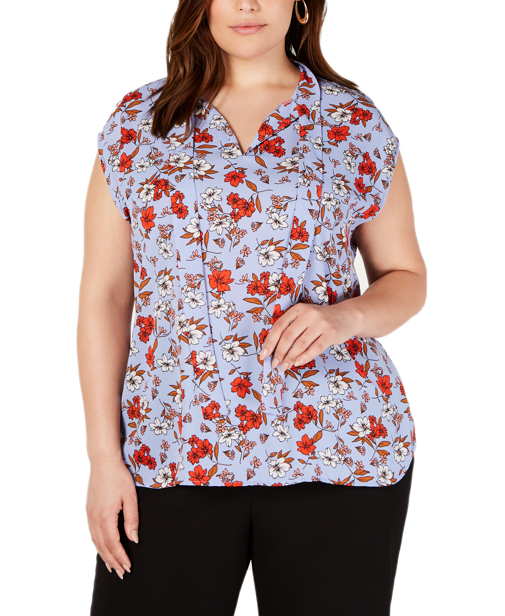 Bar III Women Plus Trendy Floral Print Tie Neck Top Hydrangea Multi