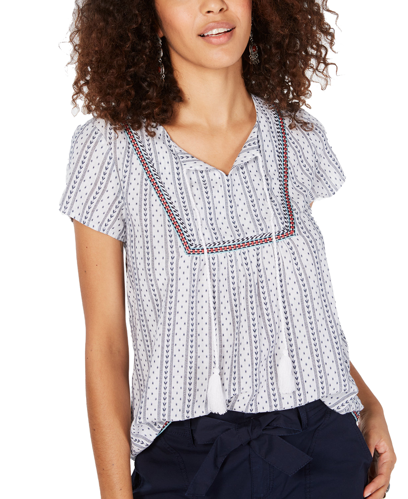 Style & Co Women Cotton Striped Trim Peasant Top Brigitte Stripe