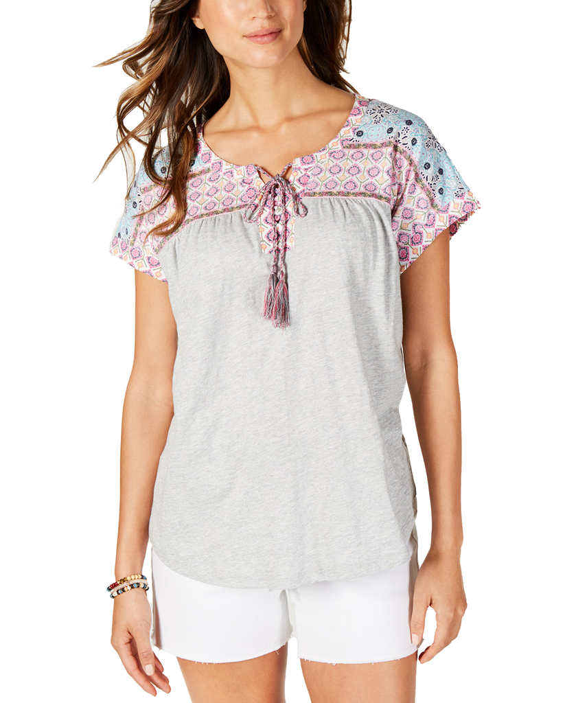 Style & Co Women Lace Up Peasant Top Summer Border