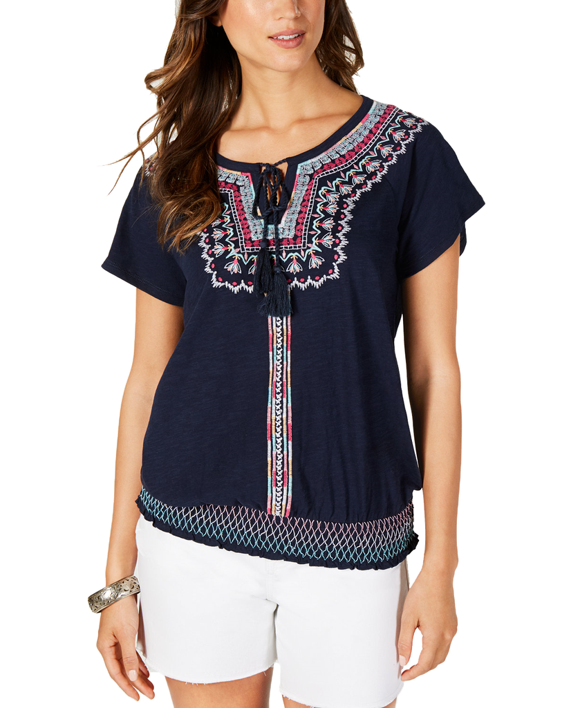 Style & Co Women Embroidered Peasant Blouse Paradise Vibrant