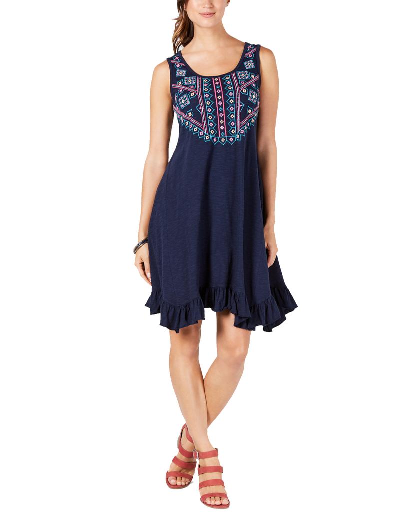 Style & Co Cotton Embroidered Ruffle Hem Dress Global Vibes Ink