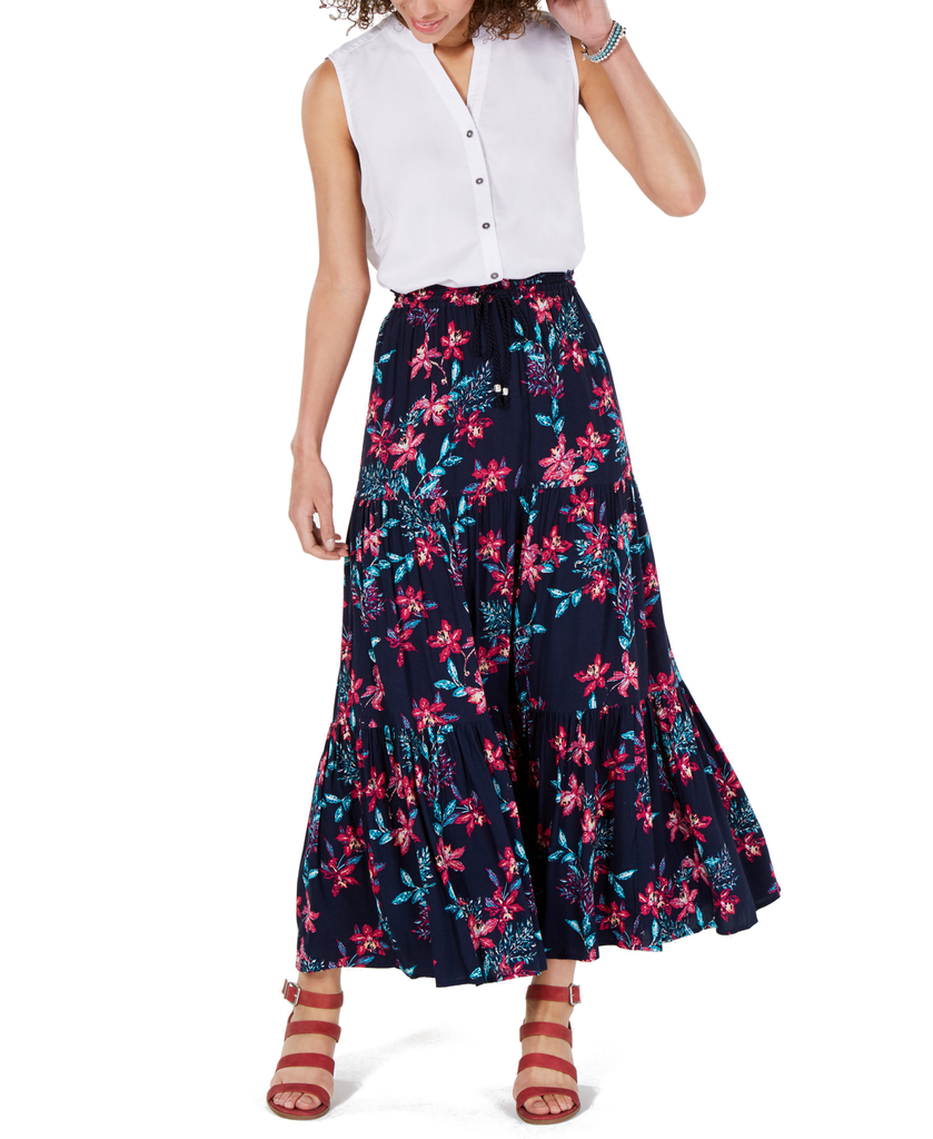 Style & Co Women Cotton Floral Print Tiered Skirt Hibiscus Vacation