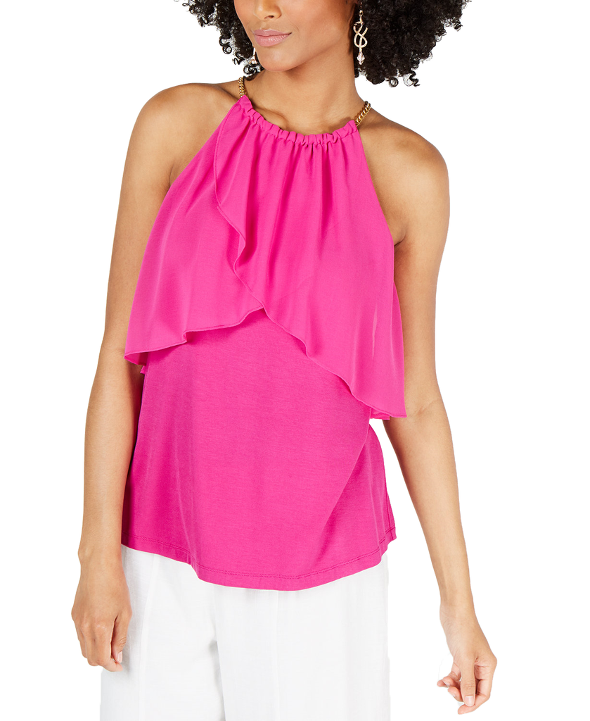 Thalia Sodi Women Ruffled Chain Neck Sleeveless Top Magenta