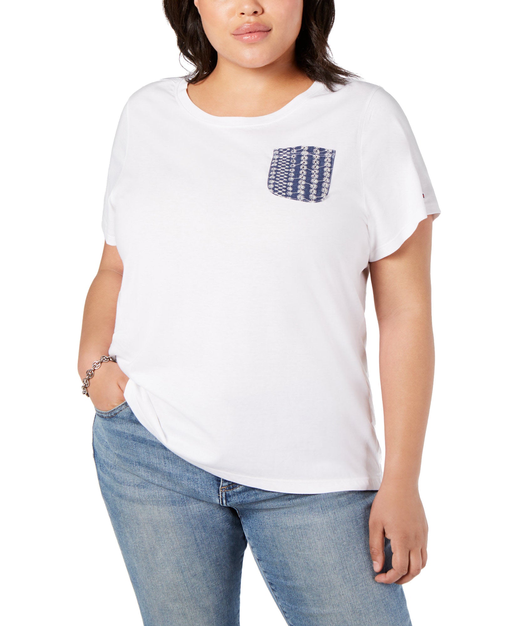 Tommy Hilfiger Women Plus Cotton Eyelet Pocket Top White