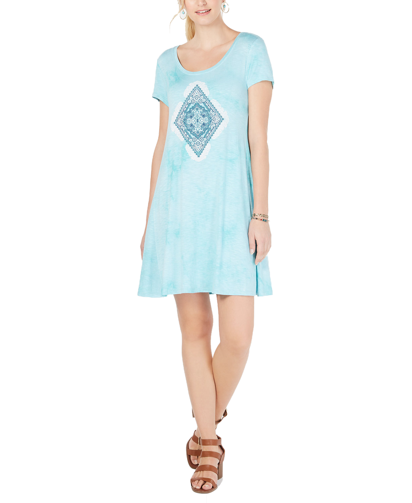 Style & Co Women Graphic Scoop Neck T Shirt Dress AV Diamond