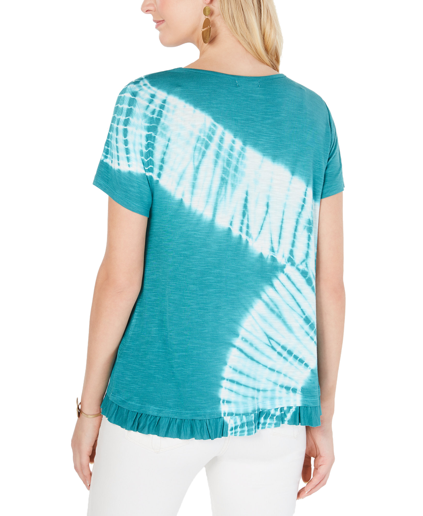 Style & Co Women Petite Tie Dyed Ruffle Hem T Shirt