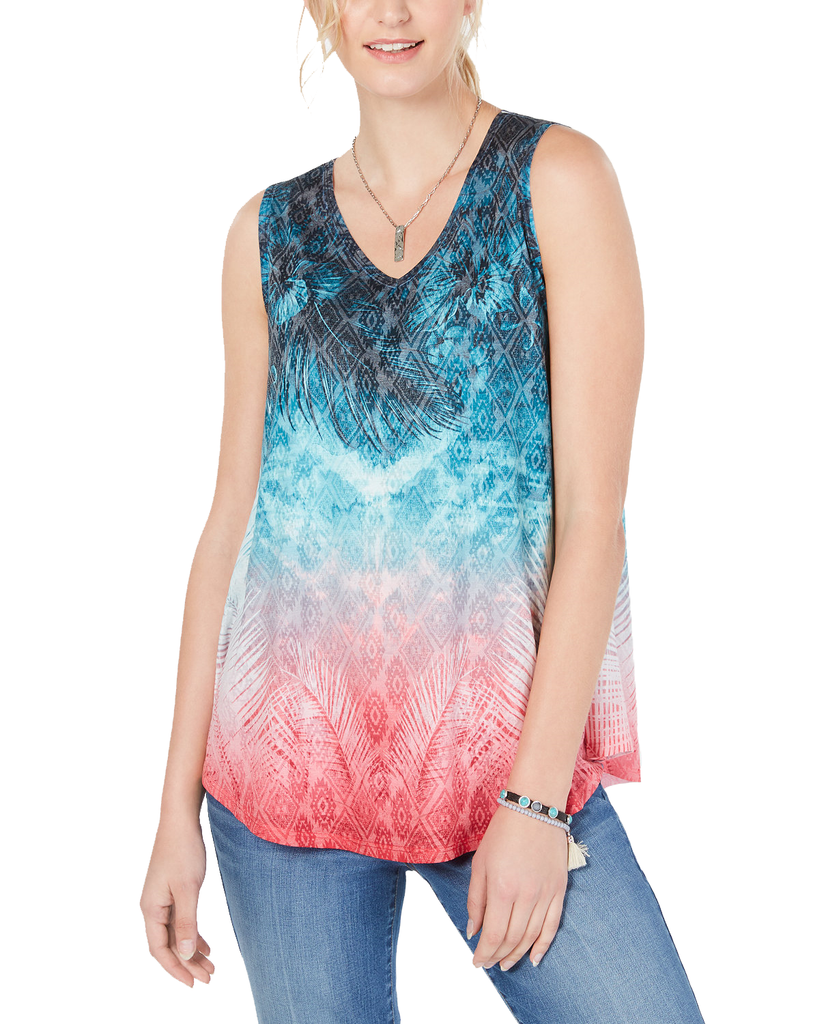 Style & Co Women Petite V Neck Printed Tank Top Tropical Ombre