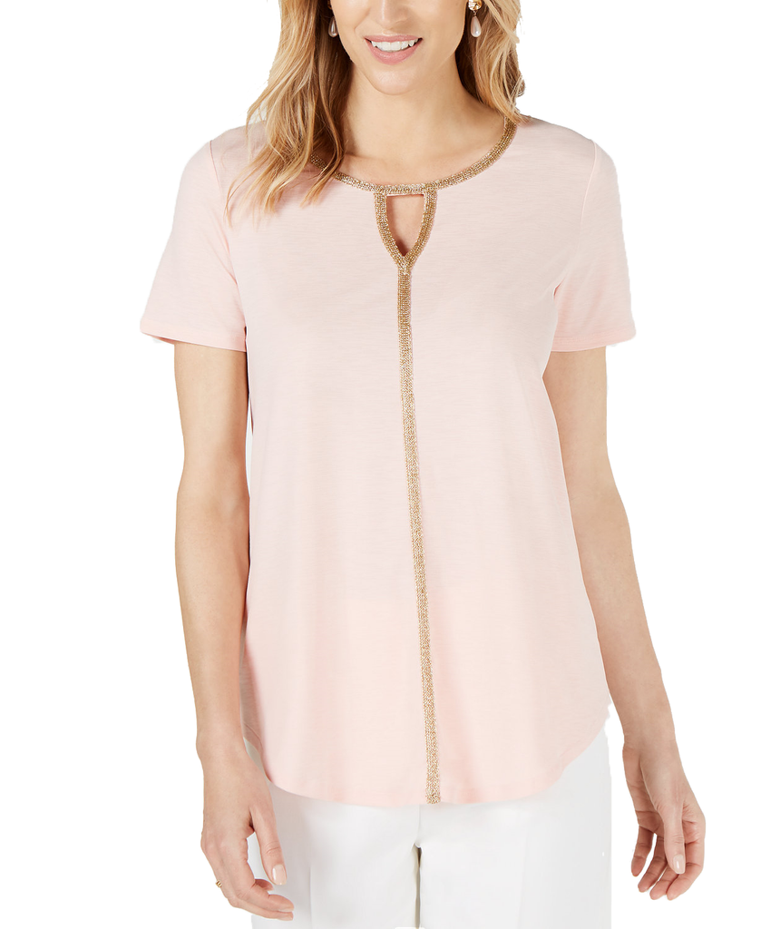 JM Collection Women Metallic Trim Keyhole Top Peach Melba