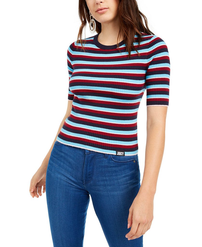 Juicy-Couture-Women-Short-Sleeve-Striped-Sweater-Blue-Stripe