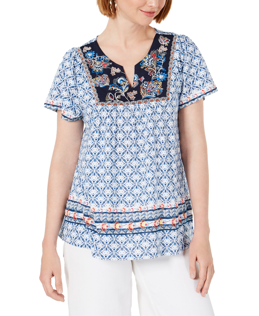 Style & Co Printed Embroidered Top Atlantic Waves