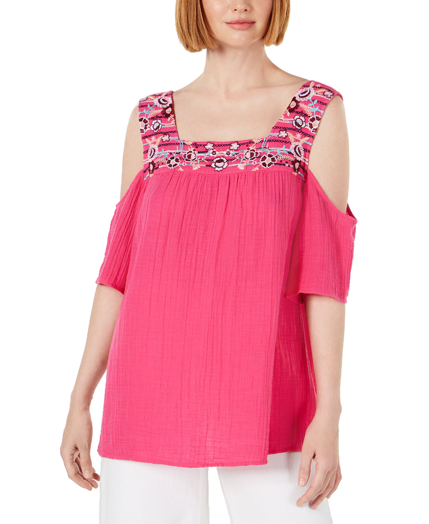 Style & Co Women Cotton Embroidered Cold Shoulder Top Morning Markets