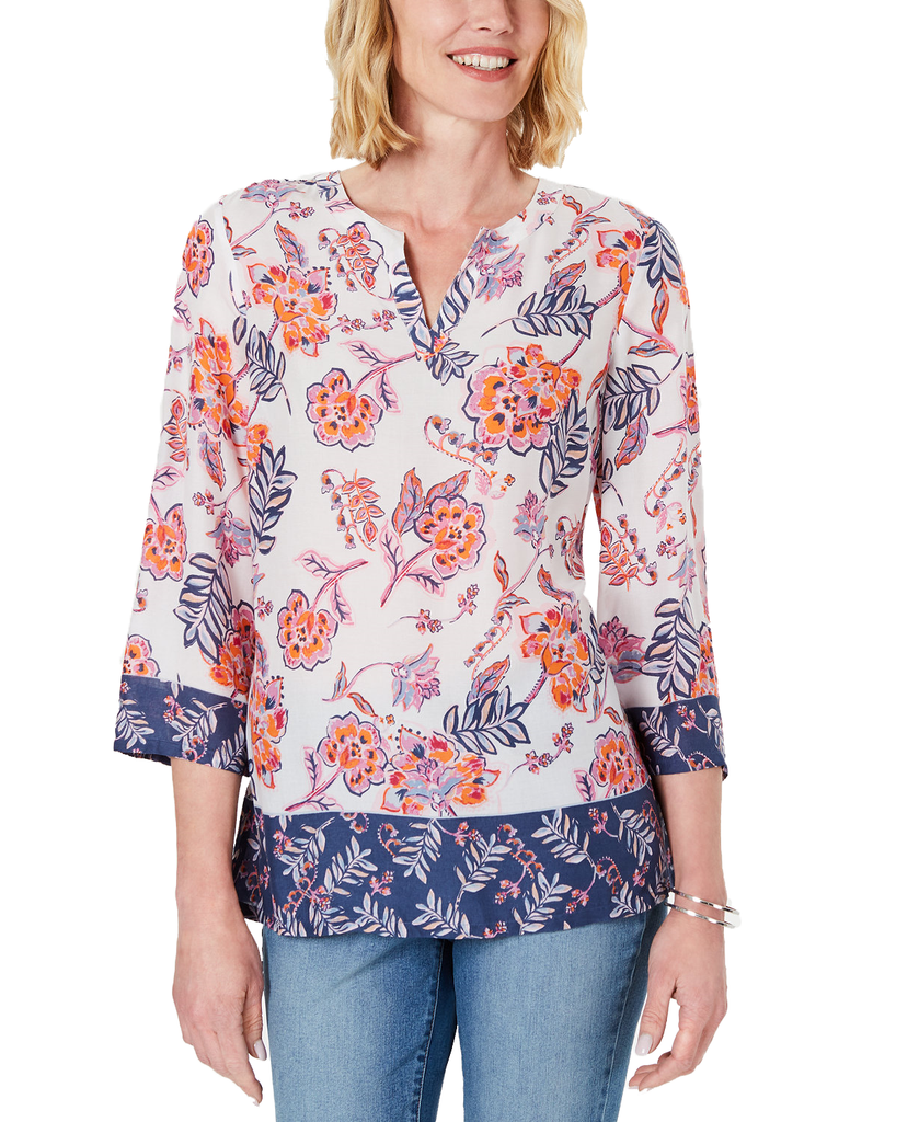 Charter Club Women Floral Print Tunic Bright White Combo