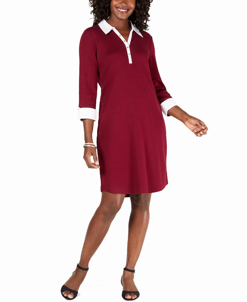 Karen Scott Women Petite Contrast Trim Cotton Shirtdress Merlot