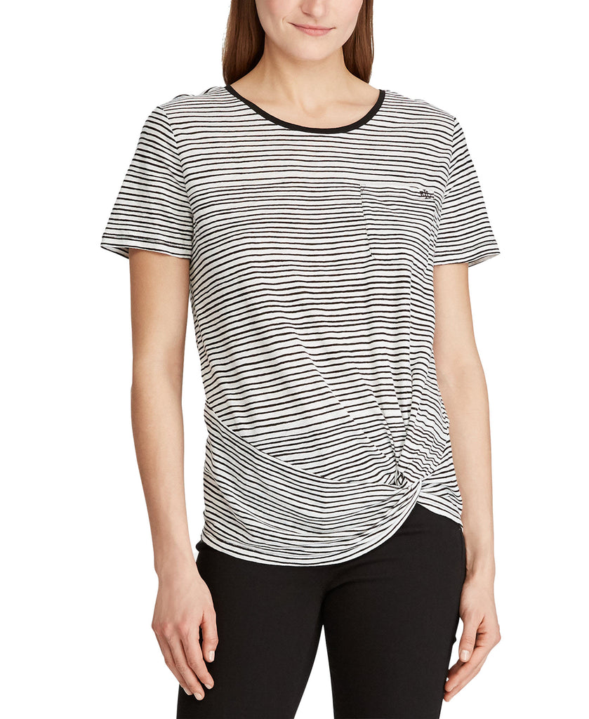 LAUREN Ralph Lauren Women Petite Stripe Print Twist Hem Pocket T Shirt White