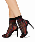 INC International Concepts Women Sheer Plaid Anklet Socks Black Plaid